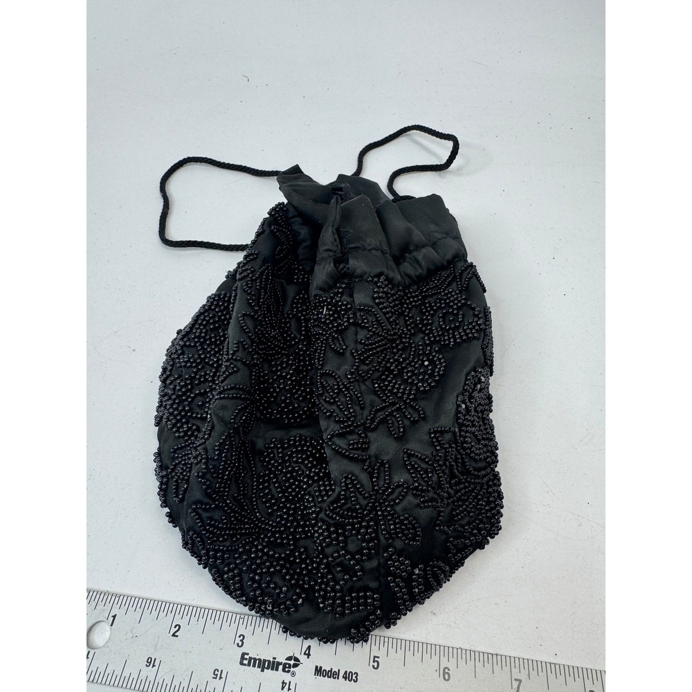Indeed Black Satin Beaded Floral Drawstring Pouch Evening Bag Handbag